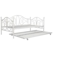 a white metal bed frame with wheels on the bottom and side rails, against a white background