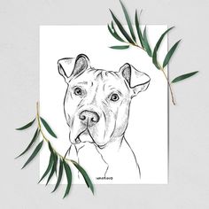 a black and white drawing of a pitbull dog with green leaves around it