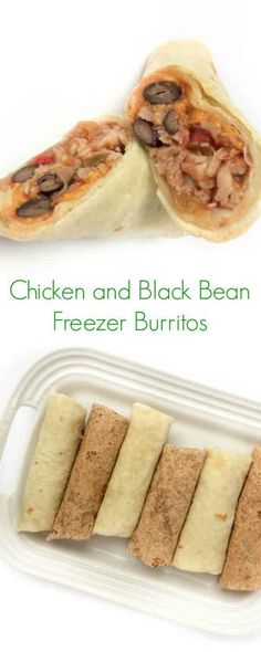 chicken and black bean freeze burritos on a plastic container with text overlay