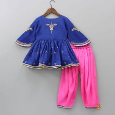 Stylish Sleeves Embroidered Blue Peplum Kurti And Fluorescent Pink Ple Embroidered Peplum Dresses For Festivals, Fitted Peplum Sharara For Spring, Embellished Peplum Sets For Eid, Festive Peplum Sets With Ruffles, Cotton Anarkali Sets With Embroidered Sleeves, Anarkali Set With Embroidered Sleeves For Festivals, Festive Blue Ruffled Sets, Festive Embellished Peplum Set, Blue Festive Sets With Ruffles