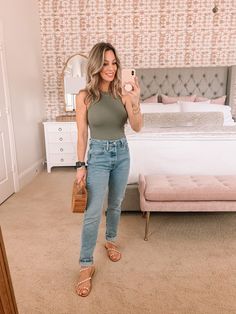 Olive Green Bodysuit Outfit, Green Top And Jeans Outfit, Body Suit And Jeans Outfits, Jeans And Bodysuit Outfits, Green Top Outfit, Room Finds, Jeans And Bodysuit, Olive Green Bodysuit