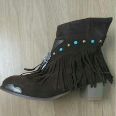 Buy More, SAVE More!

Upper Material: PU
Boot Height: ANKLE
Toe Shape: Round Toe
Season: Spring/Autumn
Closure Type: Slip-On
Pattern Type: Solid
Heel Type: Square heel Fall Tassel Boots With Round Toe, Casual Brown Boots With Tassels, Brown Fringe Winter Boots, Bohemian Brown Boots With Tassels, Brown Bohemian Boots With Tassels, Brown Western Boots With Tassels, Tassel Shoes, Pu Boots, Boots Chunky