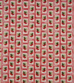 the fabric has cherries on it and is red with white squares, which appear to be woven