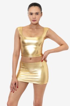 RLA355 - Lamé Squareneck Tank Top Skirt With Fishnets, Top With Jeans, Mini Skirt Style, Woman In Gold, Keds Style, Garment Manufacturing, 401k, Micro Mini Skirt, Miniskirt Outfits