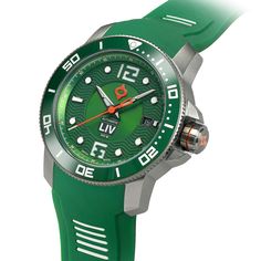 The GX-Diver's 41mm Gamma Green features a unique green dial, an Elabore grade, 26-jewel Swiss automatic movement, a date window, a 42-hour power reserve, surgical grade 316L stainless steel case with skeleton case-back, unidirectional 120-click polished green bezel ring, a scratch-resistant & anti-reflective sapphire crystal, a screw-down crown, and water-resistant to 300 meters. Swiss Automatic Watches, Bezel Ring, Green Man, Automatic Watch, Sapphire Crystal, Diver, Stainless Steel Case, Skeleton, Screw