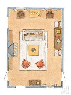 an overhead view of a bedroom and living room