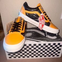 Brand New Authentic Vans With Box And Stickers Attached Same Day Shipping 100% Original Yellow High-top Sneakers With Rubber Toe Cap, Sporty Yellow Sneakers, Retro Yellow Skate Shoes For Sports, Urban Yellow Skate Shoes With Rubber Sole, Yellow Urban Skate Shoes With Rubber Sole, Yellow Low-top Sneakers With Rubber Toe Cap, Yellow Leather Skateboarding Sneakers, Yellow Leather Skate Shoes With Round Toe, Retro Yellow Sneakers For Skateboarding