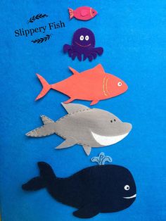 paper cut out of different types of fish on a blue background with words slippery fish