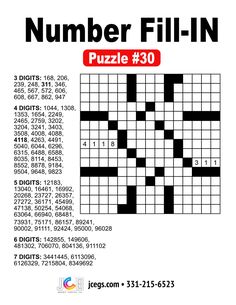 Number Fill-IN Puzzle: Puzzle Number 30 Graphic Services, Oatmeal Diet, Number 30, Games Room, Printed Paper, Custom Sign, Banners