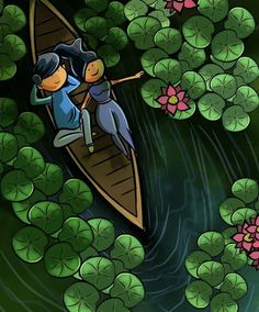 two people in a boat floating on top of water lilies and lily paddling