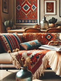 a woman sitting on a couch reading a book