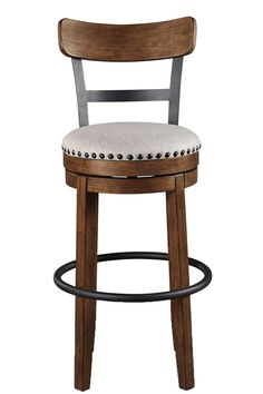 a wooden bar stool with a white cushion on the seat and black metal barstool