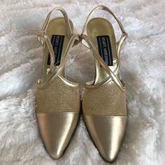 Brand New, Never Worn Stuart Weitzman Slingback Heels. Beautiful Gold Color With Some Sheer Covering With Gold Shimmer. Very Sophisticated Shoes For Evening Wear Or That Special Occasion. Heel Is 2” Size: 7 Aa Elegant Closed Toe Slingback Pumps With 4-inch Heel, Elegant Slingback Pumps With 4-inch Heel For Formal Occasions, Fitted Slingback Pumps With 4-inch Heel For Gala, Glamorous Leather Slingback Pumps For Formal Occasions, Glamorous Formal Leather Slingback Pumps, Elegant 4-inch Kitten Heels For Evening, Formal Low Heel Kitten Heels With Wrapped Heel, Formal Kitten Heels With Wrapped Low Heel, Formal Kitten Heels With Wrapped Heel