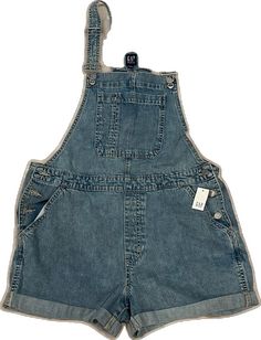 Summer Denim Blue Gap Bottoms, Gap Denim Blue Summer Bottoms, Summer Gap Denim Blue Bottoms, Gap Cotton Medium Wash Shorts, Gap Denim Jean Shorts, Gap Denim Jean Shorts For Spring, Casual Blue High Rise Shortalls, Trendy Denim Jean Shorts By Gap, Trendy Gap Denim Jean Shorts