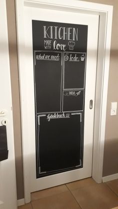 a kitchen door is decorated with chalk and the words kitchen are love written on it