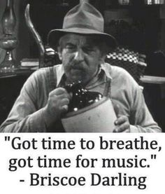 an old man wearing a hat and drinking from a cup with the caption,'got time to breathe, got time for music - bruce darling