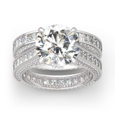 a diamond ring with channeled bands and a center stone surrounded by smaller round diamonds