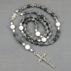 Snowflake obsidian, white howlite, and silver rosary in the Roman Catholic style Silver Rosary, Meditation Beads, Obsidian Stone, Howlite Stone, Indianapolis Indiana, Rosary Catholic, Snowflake Obsidian, White Howlite, Roman Catholic