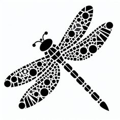 a black and white drawing of a dragonfly with dots on it's wings