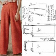 a woman is standing in front of a sewing pattern and wearing wide legged orange pants