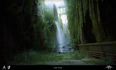 a waterfall in the middle of a forest filled with trees and vines, surrounded by greenery