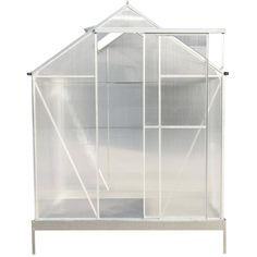 a large white greenhouse with an open door on the outside and side walls, in front of a white background