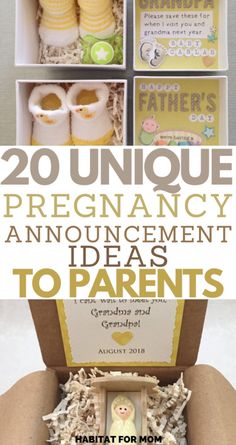 an open box with baby shoes inside and the words, 20 unique pregnancy announcement ideas to parents