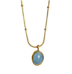 This powder blue Aquamarine gemstone necklace is reminiscent of the undulating oceanic waves. It will take you back to another time and place and help you relive the joys of the sea shore. *Since the stone used is a natural stone, no two necklaces will be identical. There may be slight difference in colour, clarity or transparency of the stone. Chain Length: 16” + 2” extender Stone Used: Aquamarine Stone Waterproof | Anti-Tarnish | Hypoallergenic Material: Stainless Steel + 18k Gold Plating Everyday Blue Tarnish-resistant Jewelry, Dainty Blue Round Pendant Necklace, Blue Dainty Round Pendant Necklace, Blue Delicate Chain Necklace For Everyday, Everyday Blue Necklaces With Delicate Chain, Everyday Blue Necklace With Delicate Chain, Everyday Blue Clavicle Chain Necklace, Blue Oval Birthstone Necklace, Dainty Blue Oval Necklace