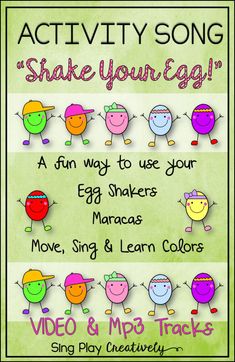 an image of some cartoon characters with words that say, shake your egg and sing