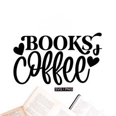 the words books and coffee are next to an open book