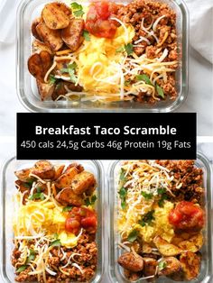 three glass containers filled with breakfast taco scrambles and topped with cheese, tomatoes, meat, and other toppings