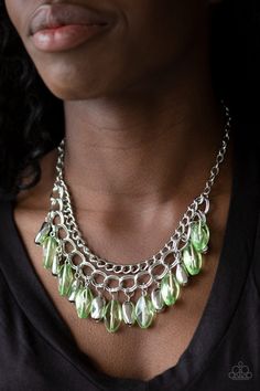 Infused with a row of thick silver chain, faceted silver and glassy green beads swing from the bottom of ornate silver links, creating a vivacious fringe below the collar. Features an adjustable clasp closure. Sold as one individual necklace. Includes one pair of matching earrings. P2WH-GRXX-327XX Silver Link Necklace, Fringe Necklace, Green Beads, Paparazzi Accessories, Paparazzi Jewelry, Green Necklace, Short Necklace, Green Bead, Link Necklace