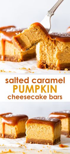 salted caramel pumpkin cheesecake bars with chocolate sauce