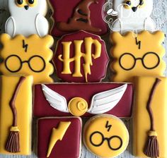 harry potter themed cookies are arranged on a table