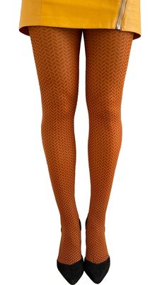 Rust and Mustard Herringbone Tights | Malka Chic Brown Stretch Thigh-high Legwear, Brown Stretch Thigh High Legwear, Brown Thigh High Stretch Legwear, Stretch Legwear For Workwear In Fall, Trendy Fitted Stockings For Fall, Trendy Fitted Fall Stockings, Fitted Legwear For Workwear In Fall, Fitted Thigh-high Tights For Fall, Tight Brown Tights For Fall