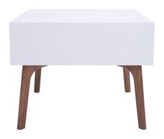 a small white table with wooden legs on an isolated white background for use as a coffee table or end table