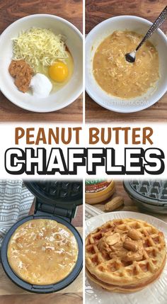 four different views of the same food and their ingredients in bowls, including waffles, eggs, cheese, and gravy