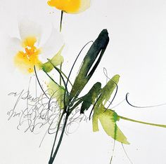 two yellow and white flowers are in a vase with watercolor writing on the side