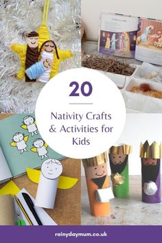 various crafts and activities for kids to do on the christmas tree with text overlay that reads 20 nativity crafts & activities for kids