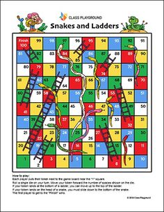 snakes and ladders board game for children to play with the numbers in each square