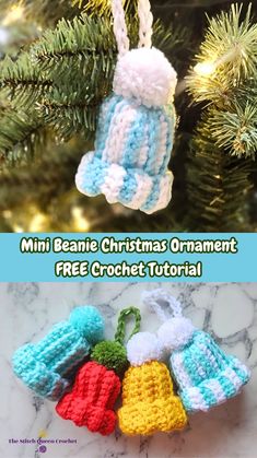 crocheted christmas ornaments hanging from a tree