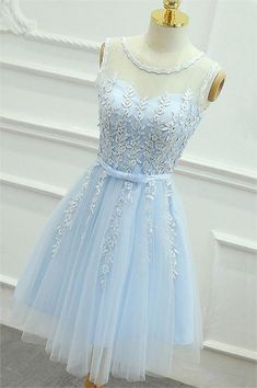 A-Line Appliques Tulle Homecoming Dress Short Aline, Blue Lace Prom Dress, Dresses Graduation, Light Blue Prom Dress, Marine Uniform, Blue Party Dress, Lace Party Dresses