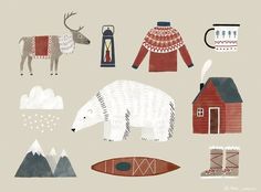 an illustration of polar bears, houses and other items