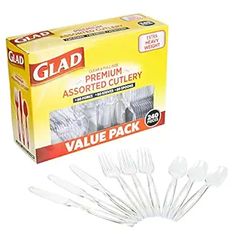 a box of plastic spoons and forks with the package in front of it on a white background