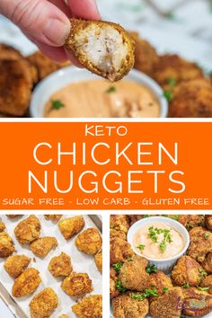 keto chicken nuggets with dipping sauce in the middle and an orange background