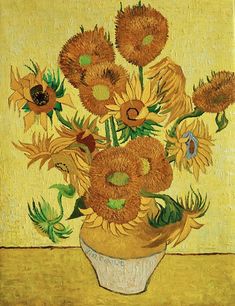 a painting of sunflowers in a vase on a table