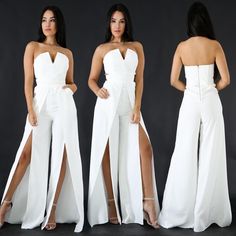 Brand New!! Stunning Strapless V-Neck Jumpsuit With Wide Wrap Legs White High-waisted Strapless Jumpsuit For Night Out, White Backless Jumpsuits And Rompers For Date Night, Fitted Split Jumpsuits And Rompers For Party, Chic Fitted Split Jumpsuits And Rompers, Fitted Jumpsuits And Rompers With Split For Party, White High Waist Jumpsuits For Night Out, White High Waist Jumpsuits And Rompers For Night Out, White One-piece Jumpsuit For Night Out, White High-waist Jumpsuits And Rompers For Night Out