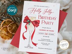 a birthday party card with an image of a champagne glass and red ribbon on it