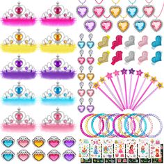 PRICES MAY VARY. Princess Party Favors Set: this girls party favor jewelry includes 10 feather princess crowns, 10 necklaces ropes, 10 necklaces pendant, 10 rings, 10 bracelets, 10 pairs of earrings, 10 hairpins, 10 wands, 10 glitter hearts and 14 sheets of princess stickers, girls will like these princess party gifts Reliable Quality: made of quality materials, sturdy and reliable to use, keeping your lovely girl's safe and happy, your kids can also share them with their friends, having more fu Princess Party Favours, Party Favours For Kids, Crown Stickers, Princess Party Bags, Toddler Dress Up, Princess Accessories, Princess Tattoo, Princess Party Favors, Girls Party Favors