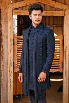 Shop for Vanshik Blue Silk Embroidered Sherwani Set for Men Online at Aza Fashions Jodhpuri Suit For Men Engagement, Full Suits For Men Wedding, Navy Blue Sherwani For Men, Wedding Outfit For Grooms Brother, Brothers Wedding Outfit For Men, Kurta With Dupatta Men, Blue Sherwani Groom, Blue Kurta Men, Sangeet Outfit For Men